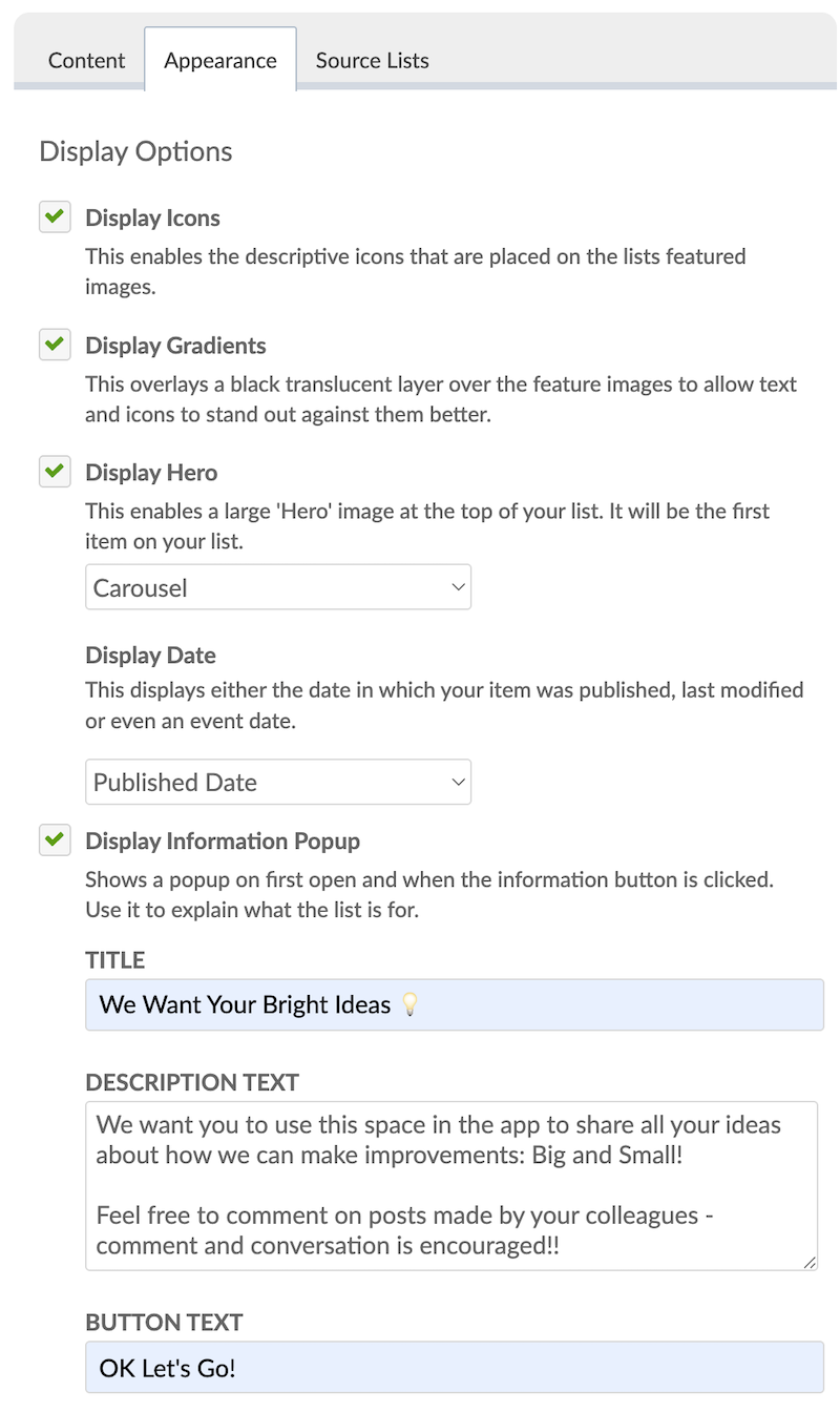 Appearance tab options