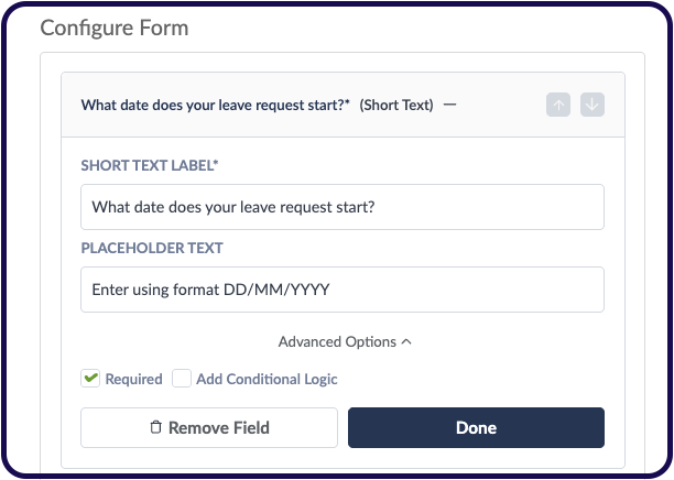 Example of short text on form